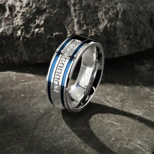 10 Lined CNC Machine Set CZ with 2 Blue IP Grooved Stripes Stainless Steel Ring